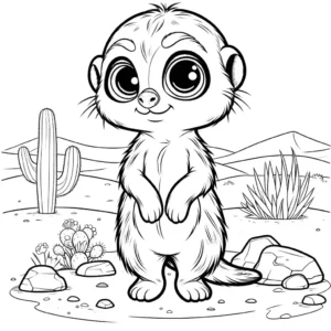 Meerkat standing in the desert surrounded by rocks and sand coloring page