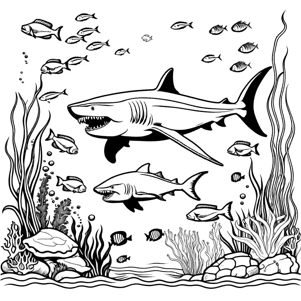 Megalodon chasing fish underwater with plants, corals, and marine life, clean design for coloring. coloring page