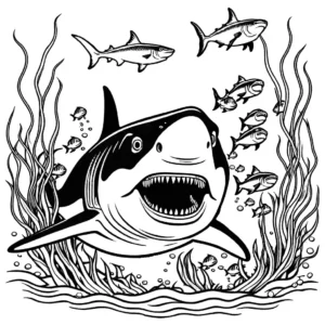 Megalodon line art coloring page with ocean background coloring page