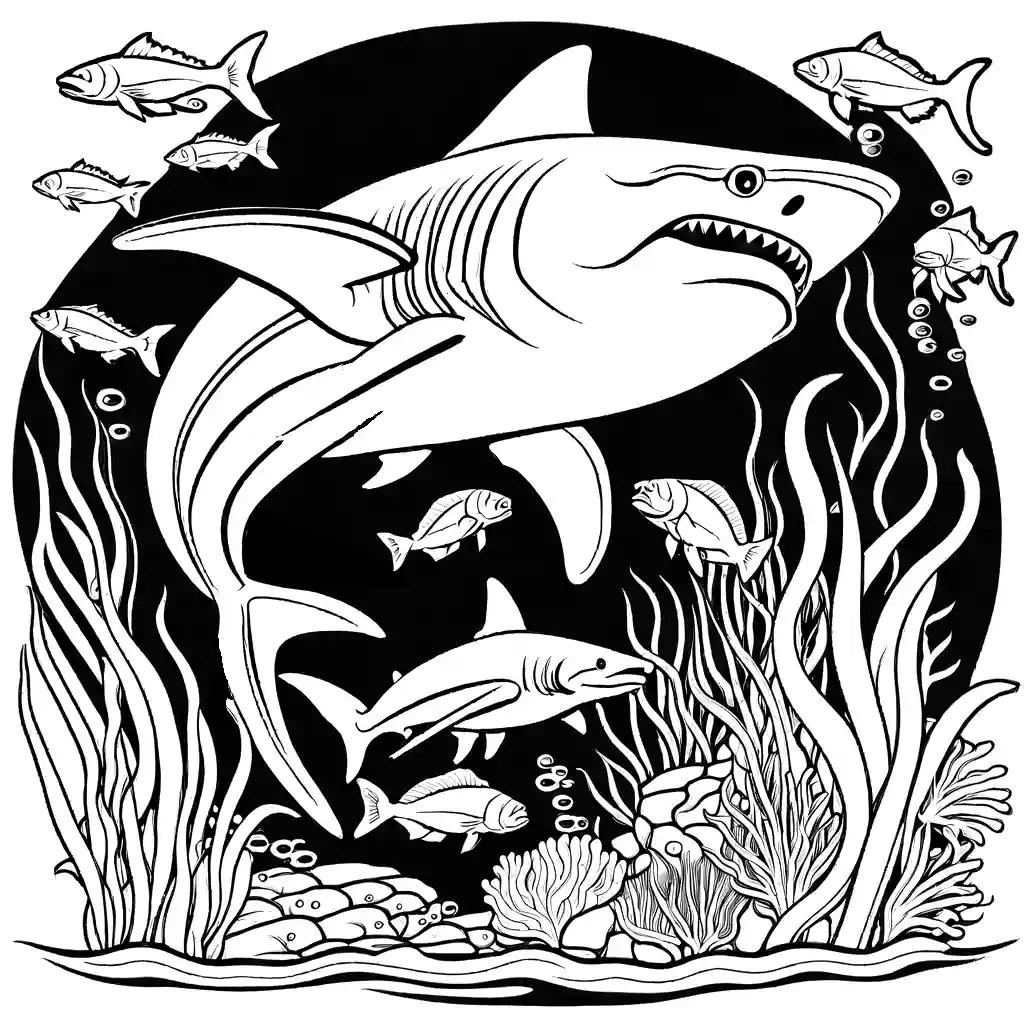 Detailed underwater scene of a Megalodon hunting fish with plants, coral reefs, and other swimming fish. coloring page