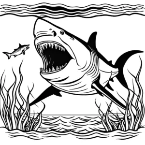 Detailed coloring page of a Megalodon hunting a fish, with the fish in its mouth. Ideal for kids and educational purposes. coloring page