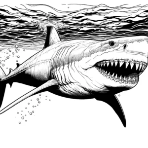 Megalodon shark swimming underwater with mouth open and sharp teeth on display coloring page