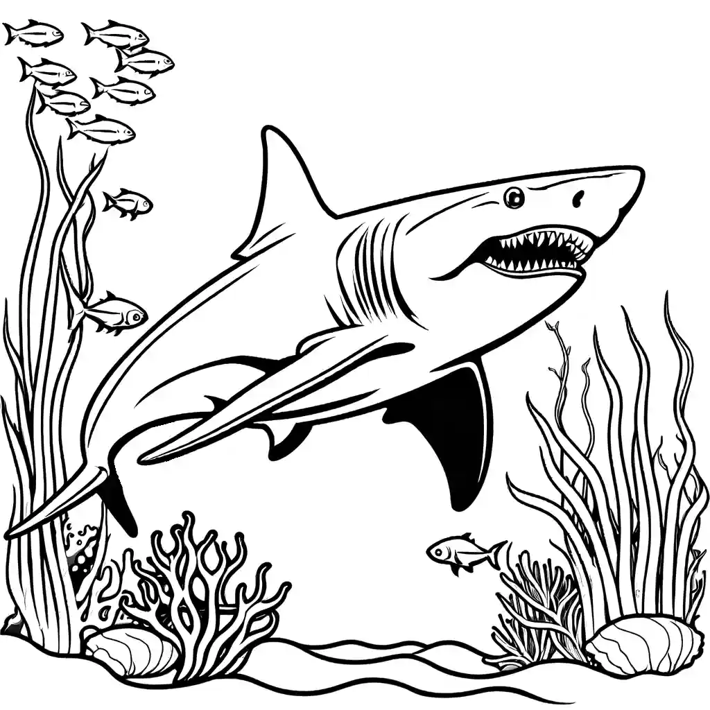 Coloring page of Megalodon shark hunting fish surrounded by coral reefs, plants, and sea creatures. coloring page