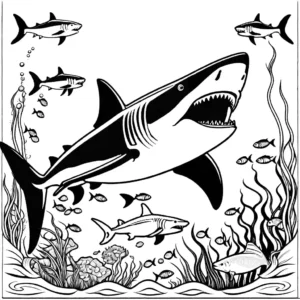 Coloring page featuring a Megalodon shark hunting among fish, underwater plants, and ocean currents. coloring page