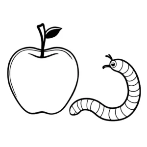 Coloring page with a minimalist drawing of a worm and an apple. coloring page