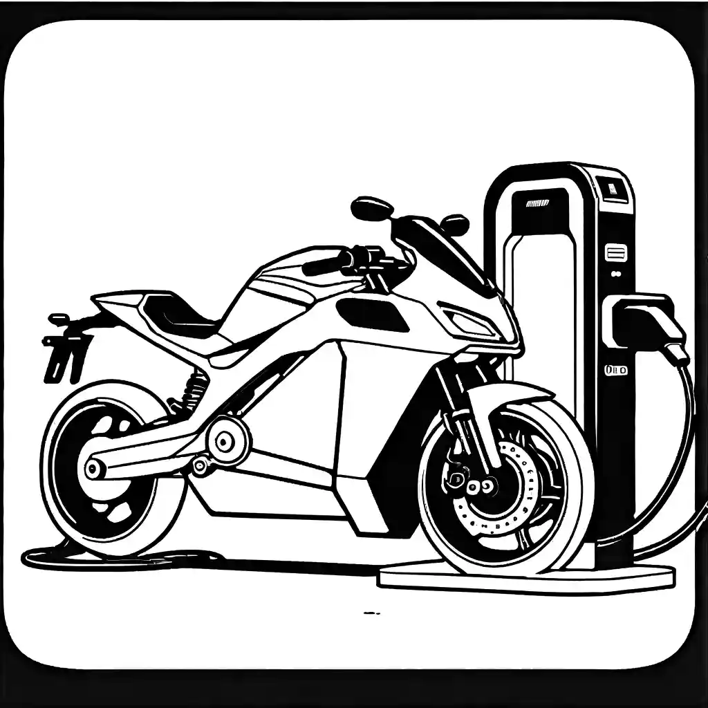 Modern electric motorcycle charging at a futuristic charging station coloring page