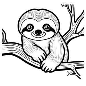 Sloth mother cuddling her baby on a tree branch in a coloring page