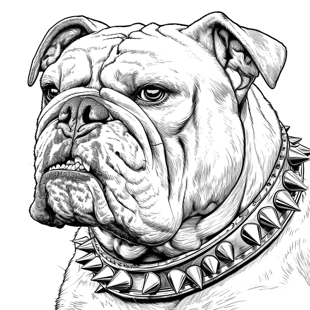 Muscular bulldog with spiked collar and fierce expression coloring page
