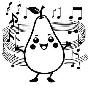 Cheerful pear dancing surrounded by musical notes coloring page