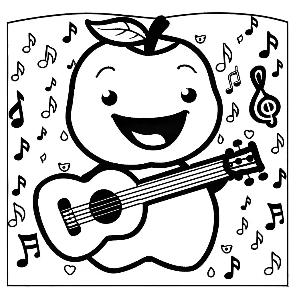 Happy peach playing a ukulele surrounded by fruit friends and musical notes coloring page