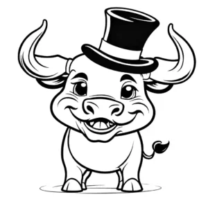 Bull with mustache, wearing top hat, doing funny dance coloring page