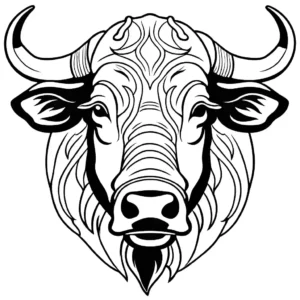 Coloring page featuring a detailed line drawing of a water buffalo in a natural setting. coloring page