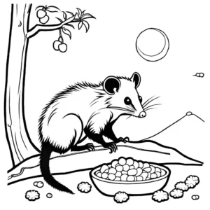 Opossum munching on a snack under the moonlight on coloring page