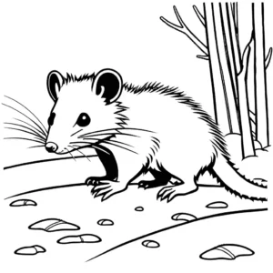 Opossum with a trail of footprints behind it on coloring page