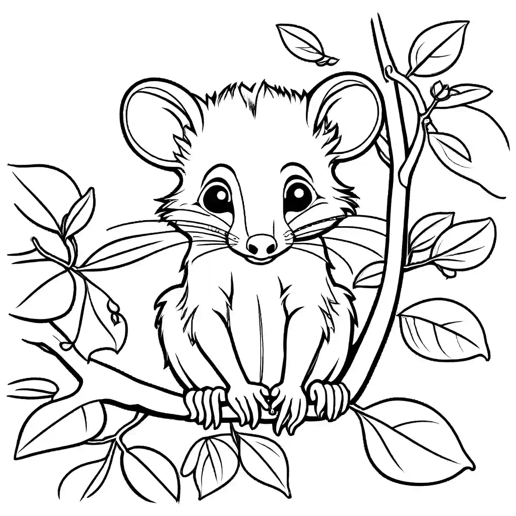 Cute opossum coloring page with leaves and flowers coloring page
