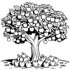 Coloring page of an apple tree in an orchard with apples hanging from branches and some fallen on the ground. coloring page