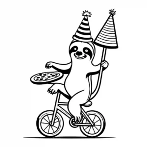 Funny sloth wearing a party hat, eating pizza, and riding a Bicycle coloring page