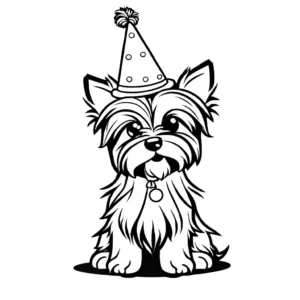 Yorkshire Terrier dog with party hat and balloon coloring page