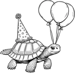 Turtle with party hat and balloons coloring page
