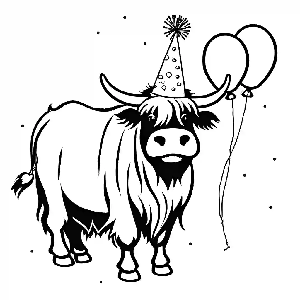 Celebratory Yak coloring page with a party hat and balloons, smiling with confetti around. coloring page