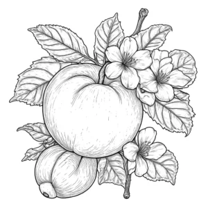 Peach surrounded by leaves and flowers coloring page