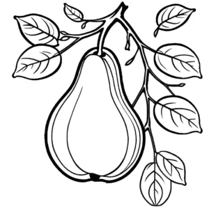 Pear on tree branch surrounded by leaves ready coloring page