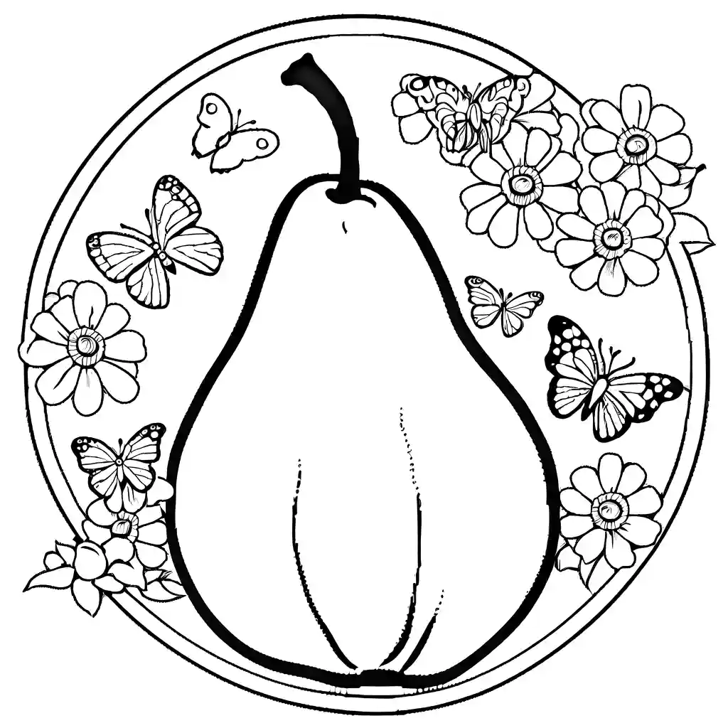 Pear surrounded by flowers and butterflies, a coloring delight coloring page