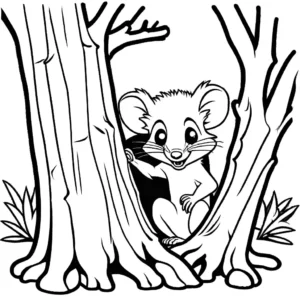 Cheerful opossum coloring page in hollow tree stump coloring page
