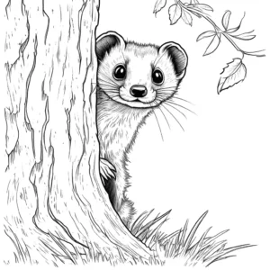 Cute Weasel peeking out from behind a tree coloring page