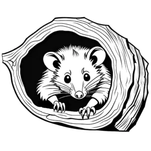 Opossum peeking out of a hollow log on coloring page