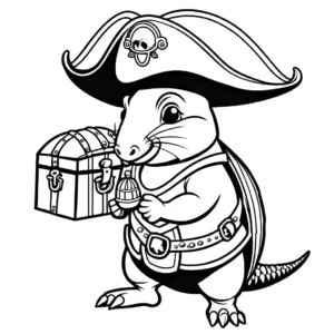 Funny armadillo dressed as pirate with eye patch and treasure chest full of shiny jewels coloring page