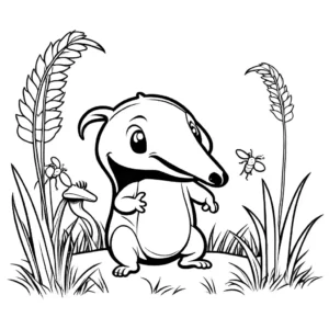 Drawing of a playful anteater with tongue out catching ants in a field coloring page
