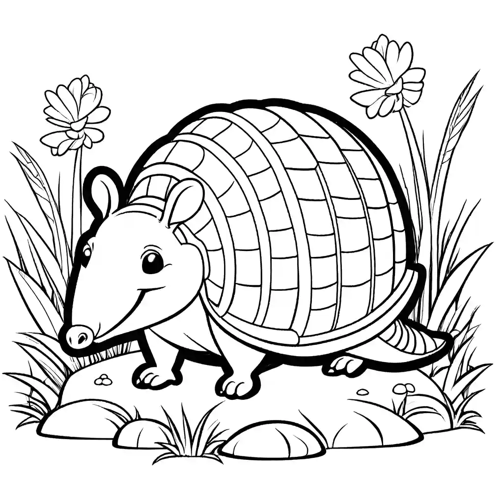 Playful and Cute Armadillo surrounded by nature, perfect coloring page