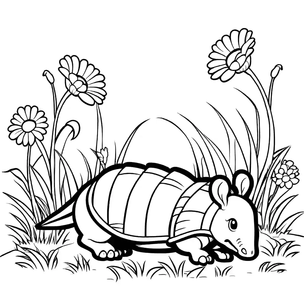 Playful and fun-loving Armadillo rolling in a field of wildflowers, perfect coloring page