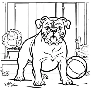 Bulldog playing with a ball in backyard coloring page