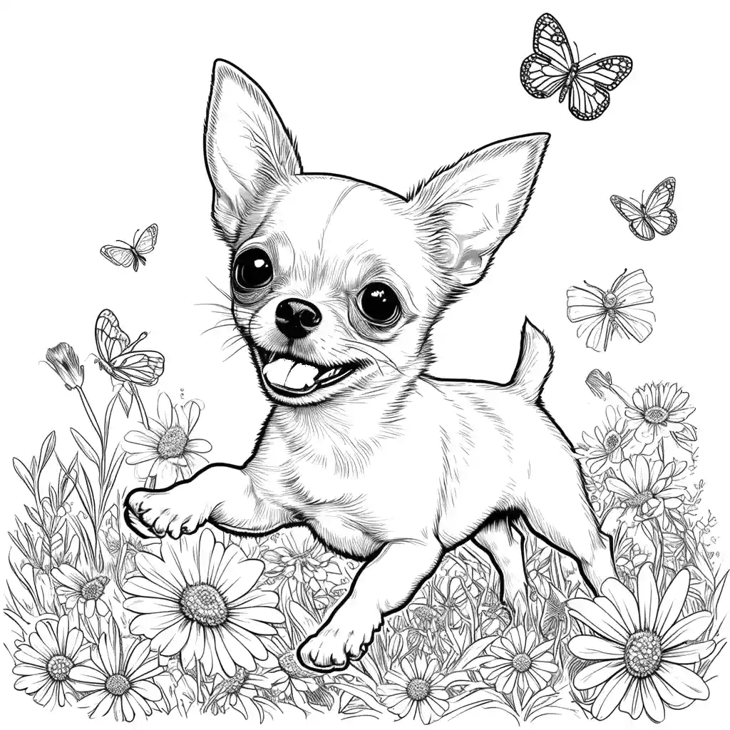 Chihuahua dog happily running among colorful flowers and butterflies in garden coloring page