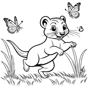 Weasel chasing butterfly in meadow coloring page