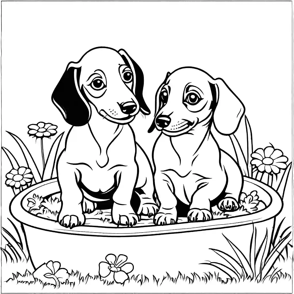 Two Dachshund puppies having fun in a backyard garden coloring page