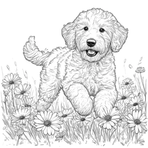 Happy Goldendoodle dog running through a beautiful field of flowers, ready coloring page