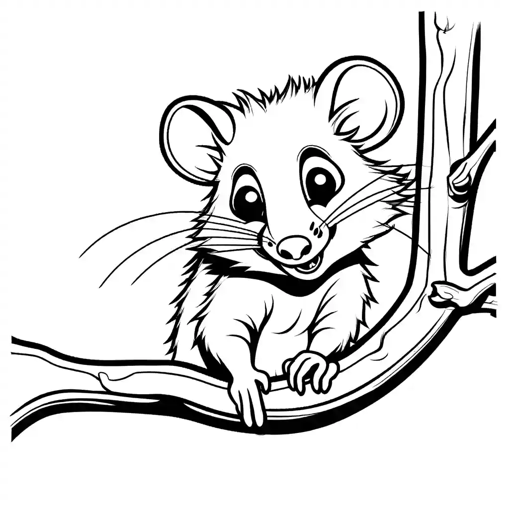 Mischievous opossum hanging from tree coloring page