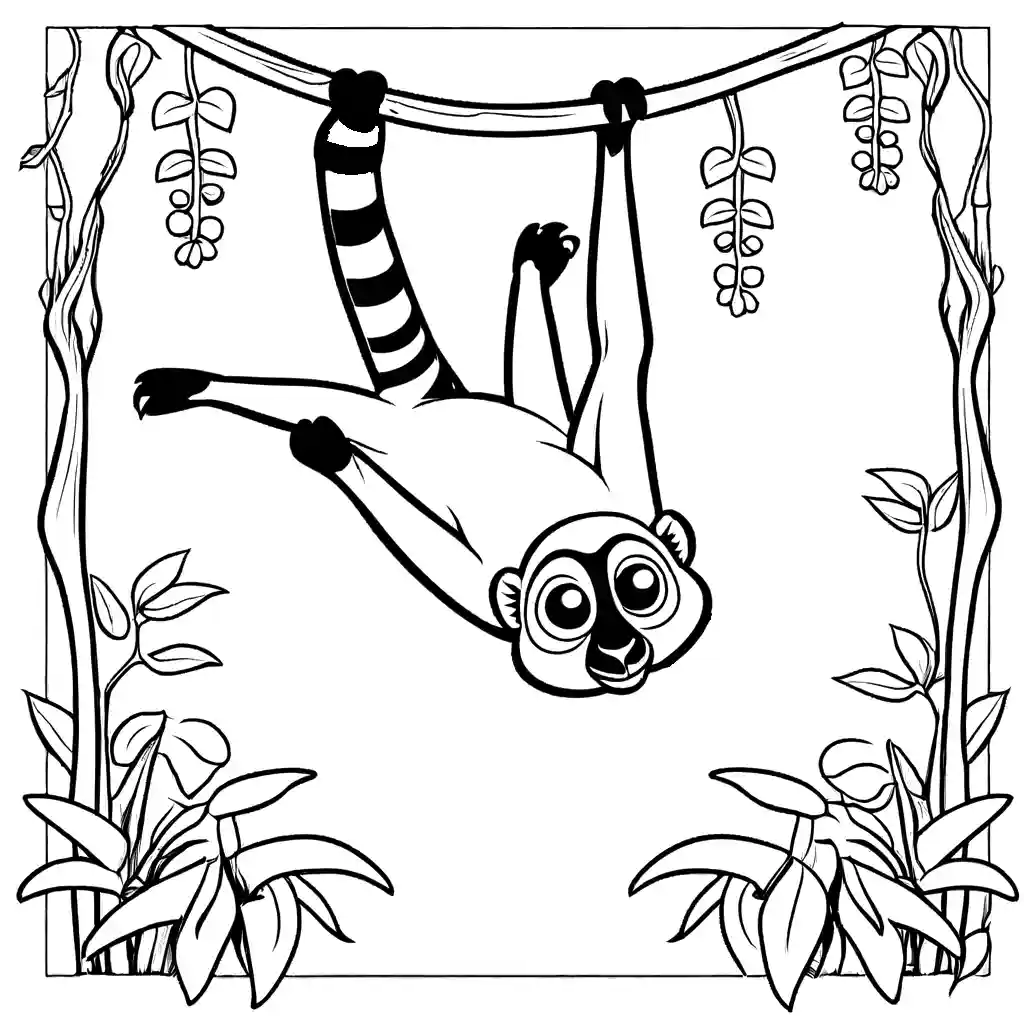 Lemur coloring page hanging from vine in lush jungle coloring page
