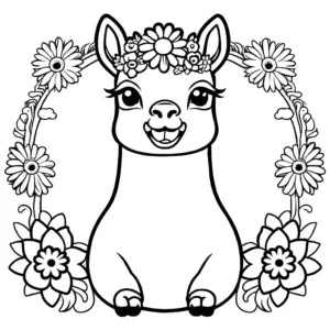 Llama playfully sticking out tongue while wearing a flower crown coloring page