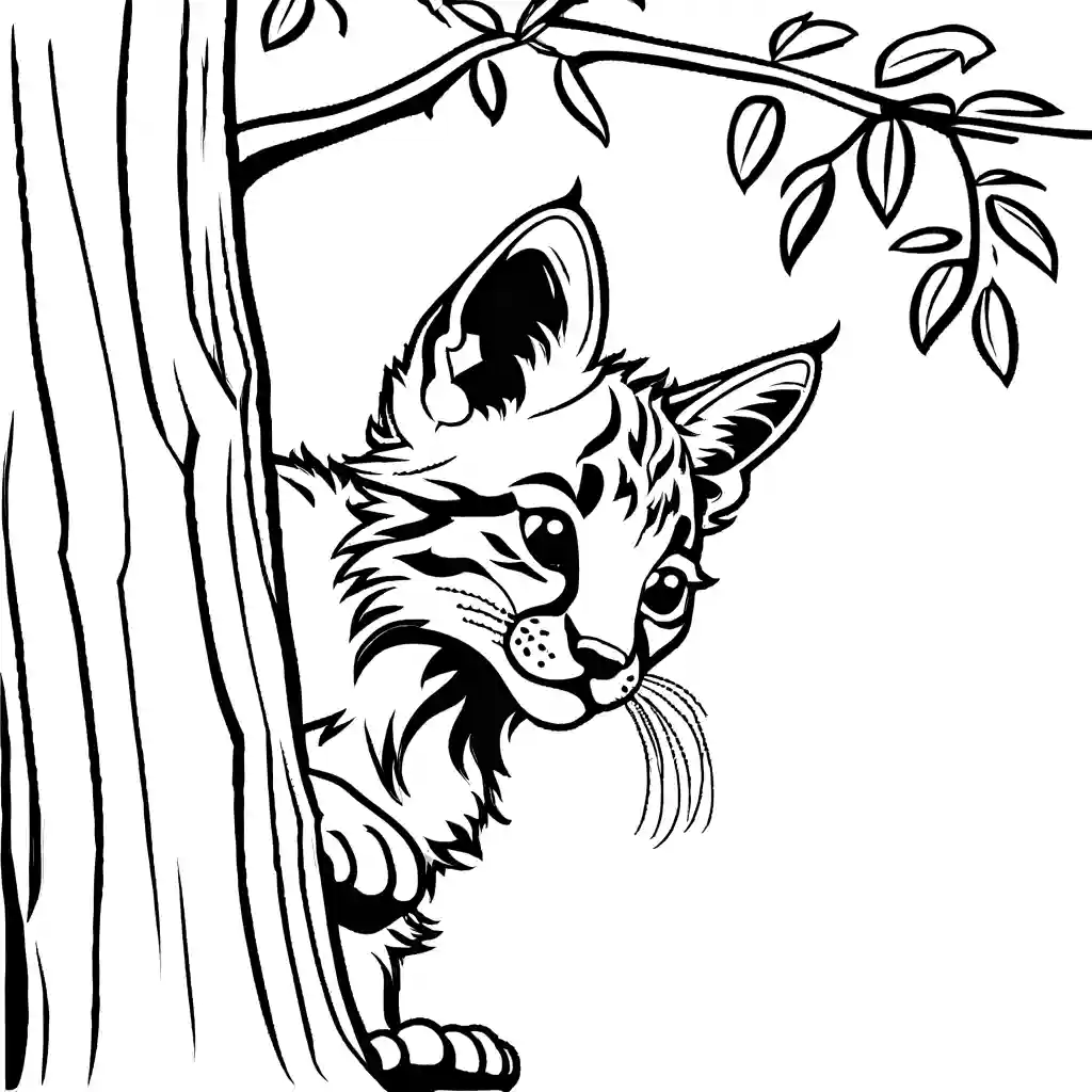 Adorable Lynx cub peeking from behind a tree coloring page
