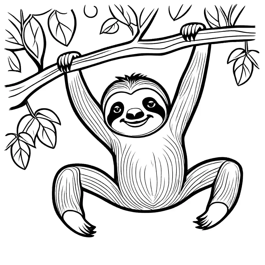 Mischievous sloth swinging from tree to tree in a coloring page