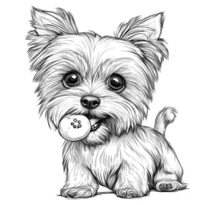 Cute Yorkie holding a toy in its mouth with a wagging tail and a happy expression coloring page