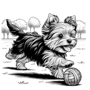 Yorkshire Terrier running with a ball in the park coloring page