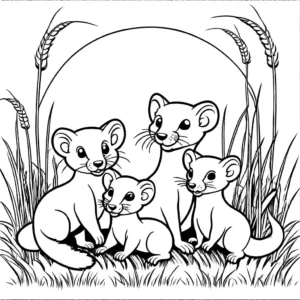 Group of weasels playing in tall grass coloring page