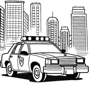 Police car driving down a city street, coloring page