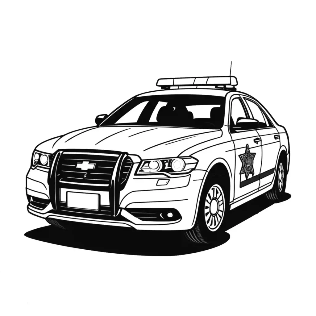 Black and white drawing of a police car with flashing lights and a police officer, ideal for coloring activity. coloring page