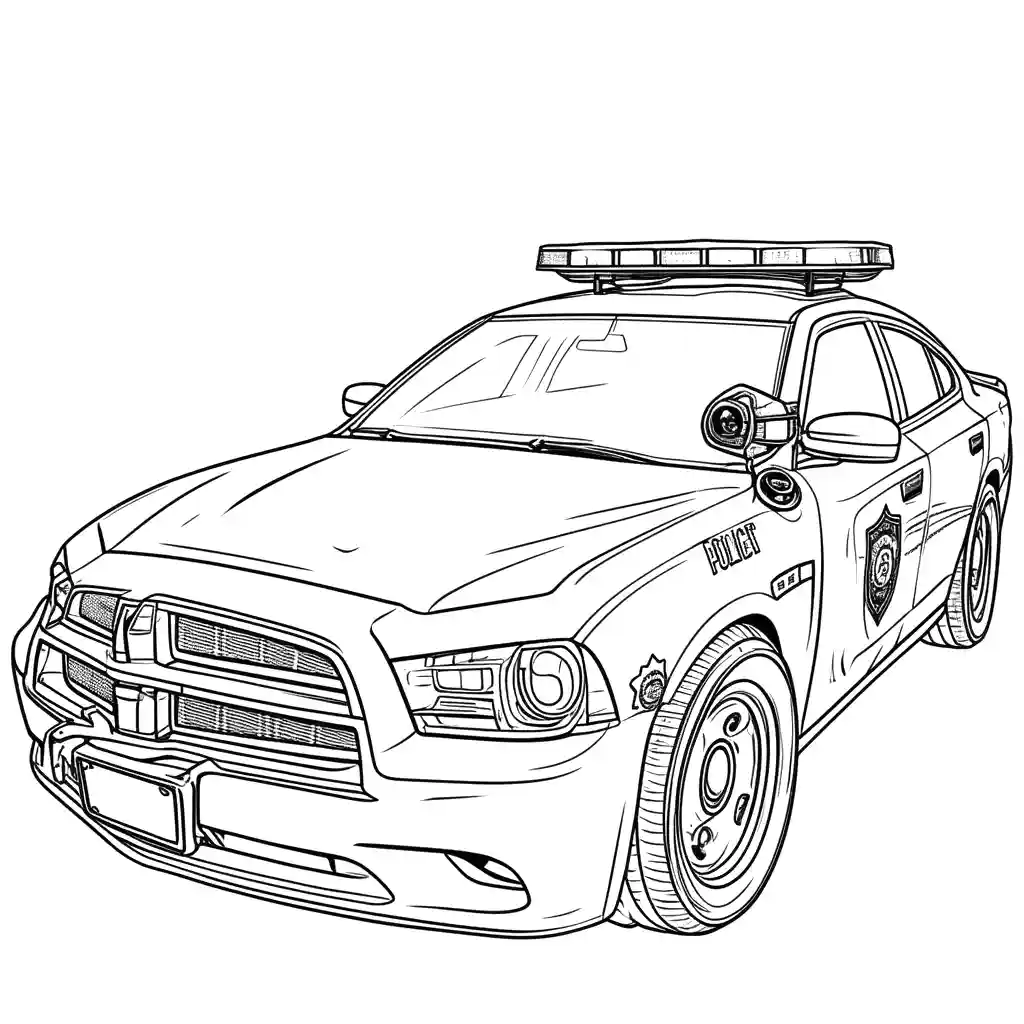 Police car outline drawing with flashing sirens and badge coloring page